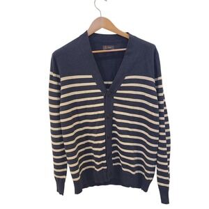 Wallin & Bros Mens Navy Blue Striped Cotton V-Neck Button Cardigan Sweater L